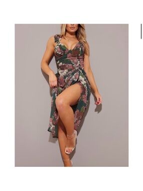 Emerald Green Floral Underwire Detail Draped Midi Dress